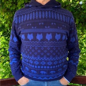 Greyson Koko Spirit Chaser Wool Cashmere Fair Isle Knit Wolf Pull Over Hoodie M